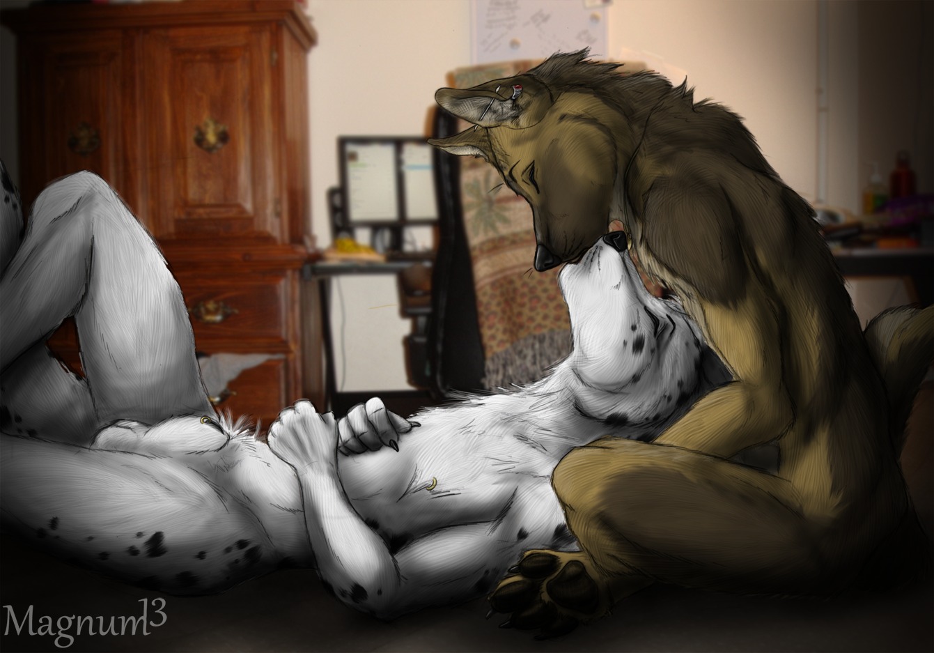 4_toes animal_genitalia anthro balls bed bedroom brown_body brown_fur canid canine canis claws dalmatian dalsky digitigrade domestic_dog duo e621 ear_piercing eyes_closed feet fully_sheathed fur furniture genitals german_shepherd herding_dog hindpaw husky industrial inside kissing lying magnum_(artist) male male/male mammal nordic_sled_dog nude on_back pastoral_dog pawpads paws piercing romantic romantic_ambiance romantic_couple sheath sitting spitz tail toes white_body white_fur