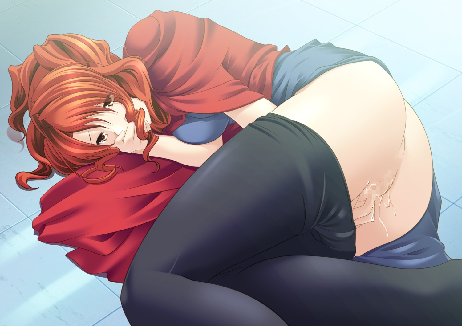 ass censored covering covering_face covering_mouth endure_to_moan female hand_over_own_mouth highres long_hair lying masturbation on_side orange_hair pantyhose pantyhose_pull ponytail pussy pussy_juice red_eyes red_hair rule34 solo takasugi_rinko tied_hair