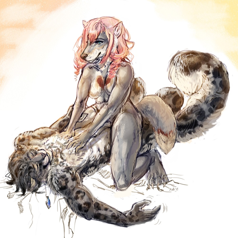 1:1 anthro breasts canid canine canis cowgirl_position duo e621 eyes_closed felid female from_front_position hair jewelry leopard long_hair lying mab male male/female mammal necklace nude on_bottom on_top pantherine pink_hair sex snow_leopard straddling tail wolf