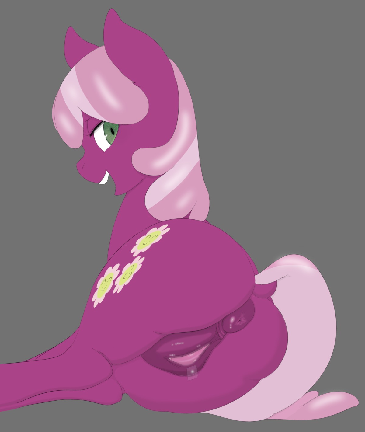 2013 anus butt cheerilee_(mlp) cutie_mark e621 earth_pony equid equine female feral friendship_is_magic fur genitals green_eyes grey_background hair hasbro hi_res horse japananon looking_at_viewer mammal multicolored_hair my_little_pony open_mouth pony puffy_anus purple_body purple_fur simple_background solo two_tone_hair vulva