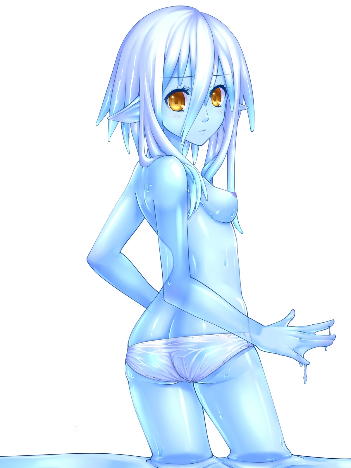1girls ass ass_crack blue_eyes blue_hair blue_skin breasts butt_crack female goo_girl highres long_hair looking_at_viewer looking_back monster_girl nipples original panties pointy_ears rule34 slime slime_girl solo topless underwear vixen_(pixiv) vixen_(stinger) vixen_stinger yellow_eyes