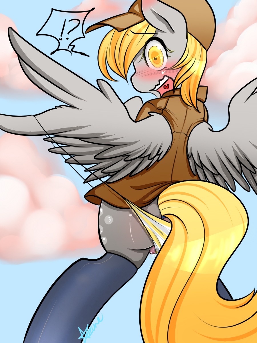 2013 3:4 anthro anthrofied azugarlic blonde_hair blush bodily_fluids bottomwear butt clothing cloud cutie_mark derpy_hooves_(mlp) e621 embarrassed equid equine feathered_wings feathers female friendship_is_magic frilly frilly_clothing frilly_panties frilly_underwear fur genital_fluids genitals grey_body grey_feathers grey_fur hair hasbro hat headgear headwear hi_res mammal my_little_pony mythological_creature mythological_equine mythology open_mouth outside panties pattern_bottomwear pattern_clothing pattern_panties pattern_underwear pegasus pussy_floss sky solo striped_bottomwear striped_clothing striped_panties striped_underwear stripes underwear vaginal_fluids vulva wedgie wings yellow_eyes