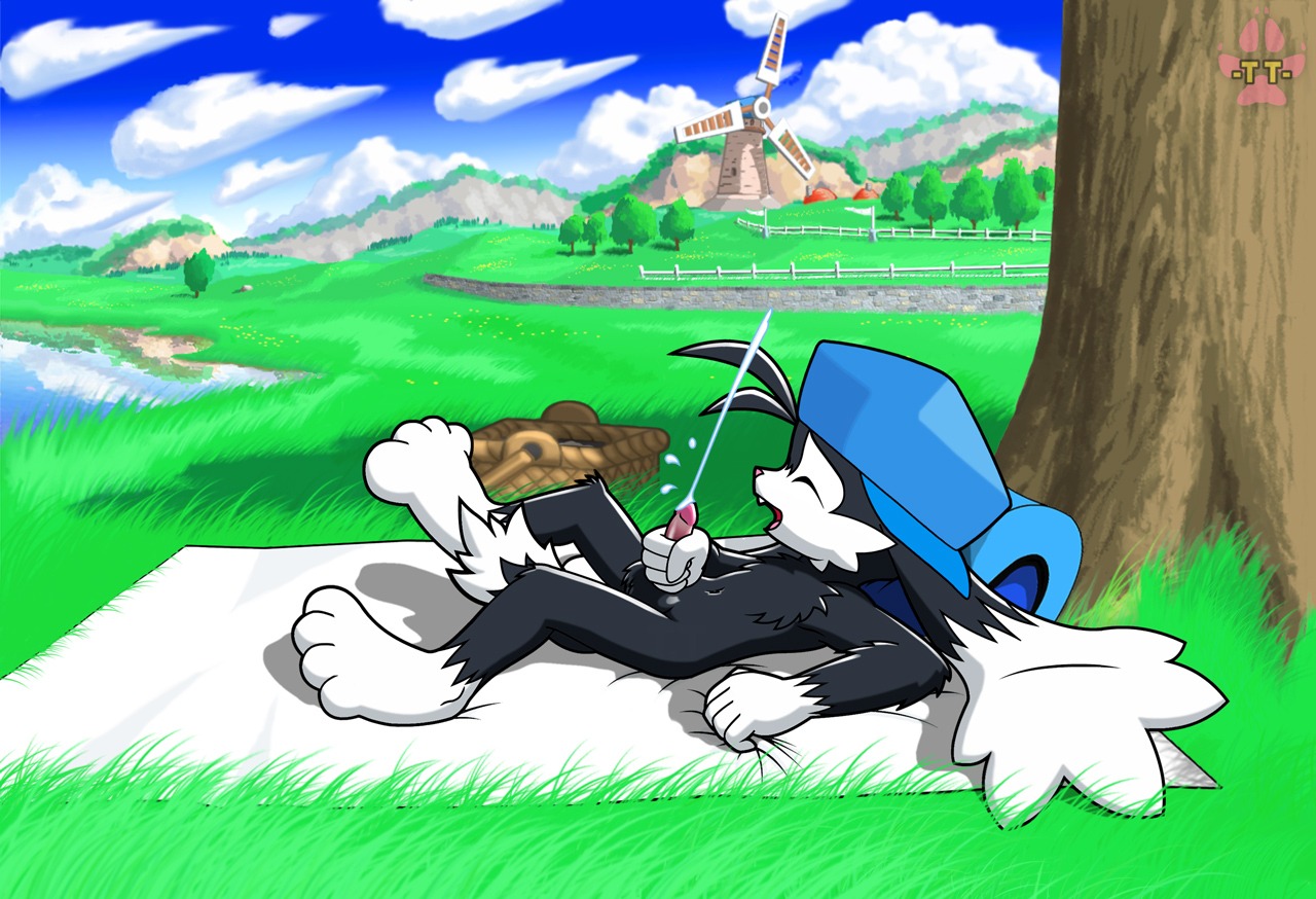 4_toes 5_fingers anthro balls bandai_namco biped bodily_fluids clothing cloud cum cumshot domestic_cat e621 ejaculation erection eyes_closed fangs feet felid feline felis fingers fur genital_fluids genitals grey_body grey_fur hat hat_only headgear headgear_only headwear headwear_only humanoid_genitalia humanoid_penis klonoa klonoa_(series) lying male mammal masturbation mostly_nude on_back open_mouth orgasm outside penile penile_masturbation penis sky solo teeth toes twotails windmill