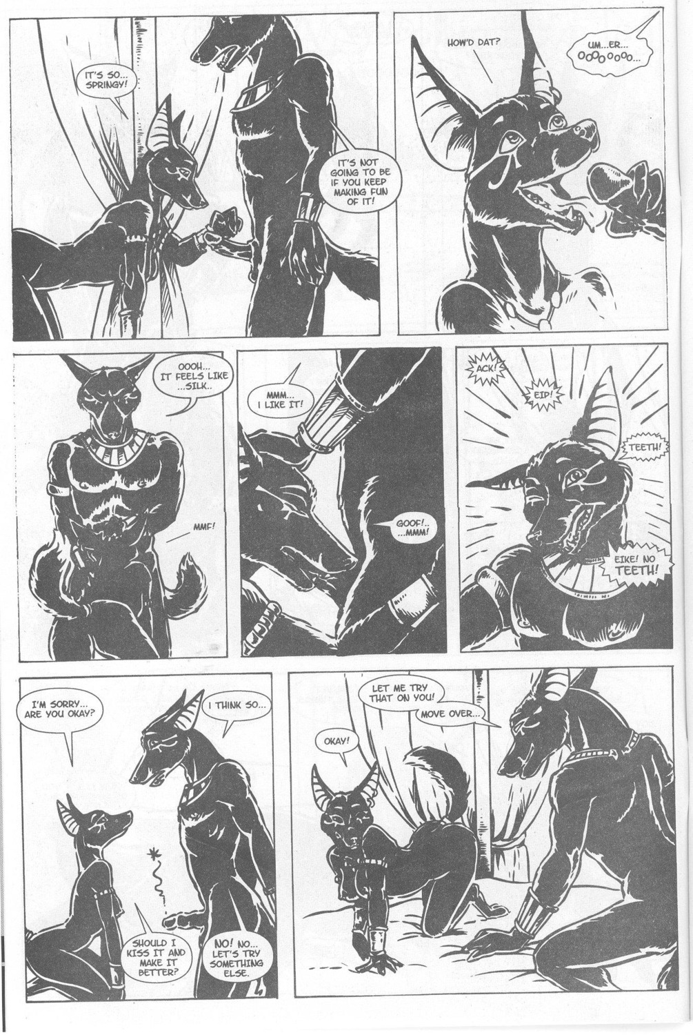 2000s_(media) anthro anubian_jackal anubis_dark_desire bed black_and_white canid canine canis comic dialogue domestic_dog duamutef duo e621 egyptian english_text female fur furniture heather_bruton hi_res jackal khaybat male male/female mammal monochrome tail text traditional_media_(artwork)