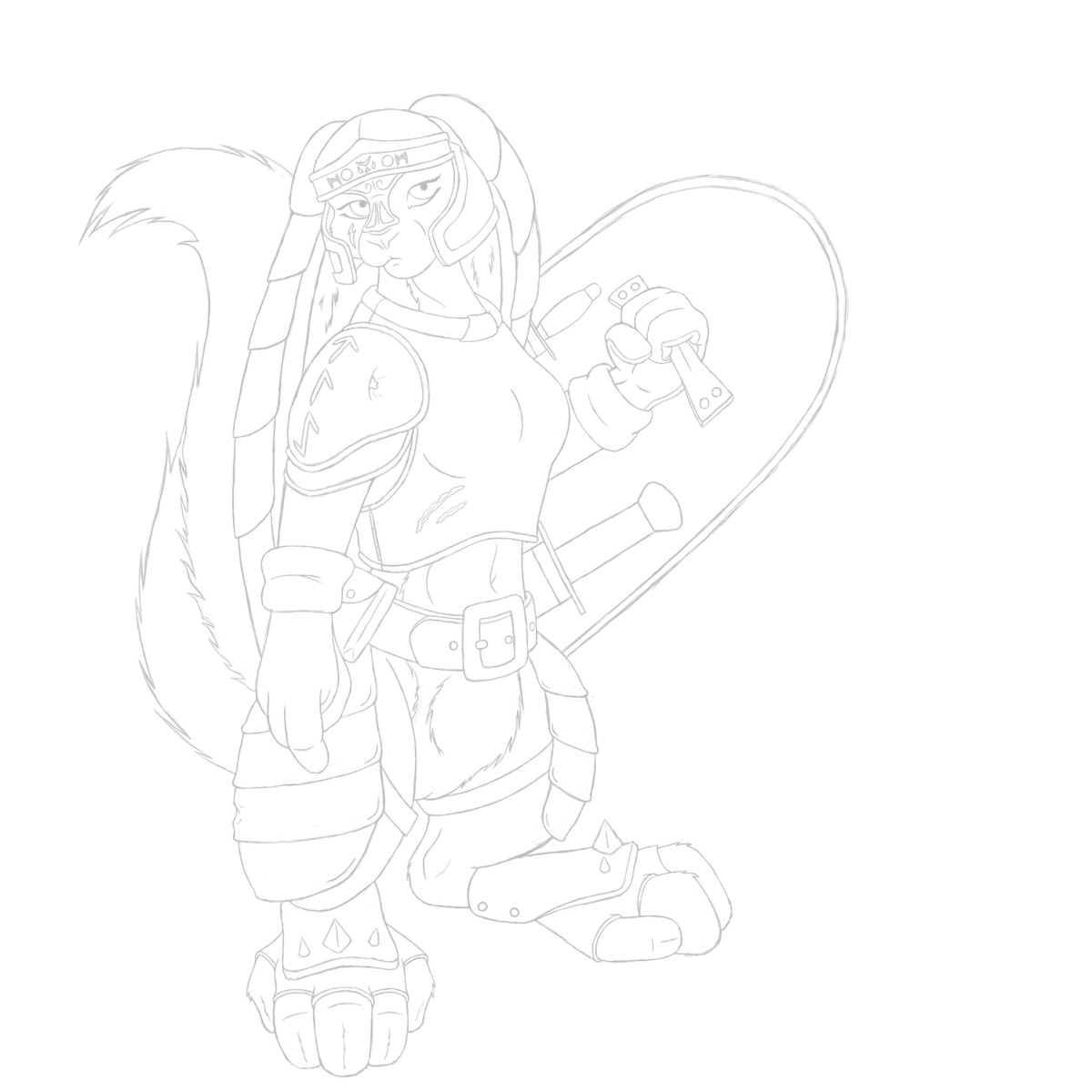 1:1 4_fingers 5_toes armor belt_pouch domestic_cat e621 feet felid feline felis female fingers fluffy fluffy_tail front_view genitals greyscale hi_res holding_object holding_shield hybrid lagomorph leather leporid long_ears mammal melee_weapon midriff military monochrome navel pubes rabbit runes scar shield sketch skybrigidrain snout soldier solo standing sword tail three-quarter_view toes vulva warrior weapon
