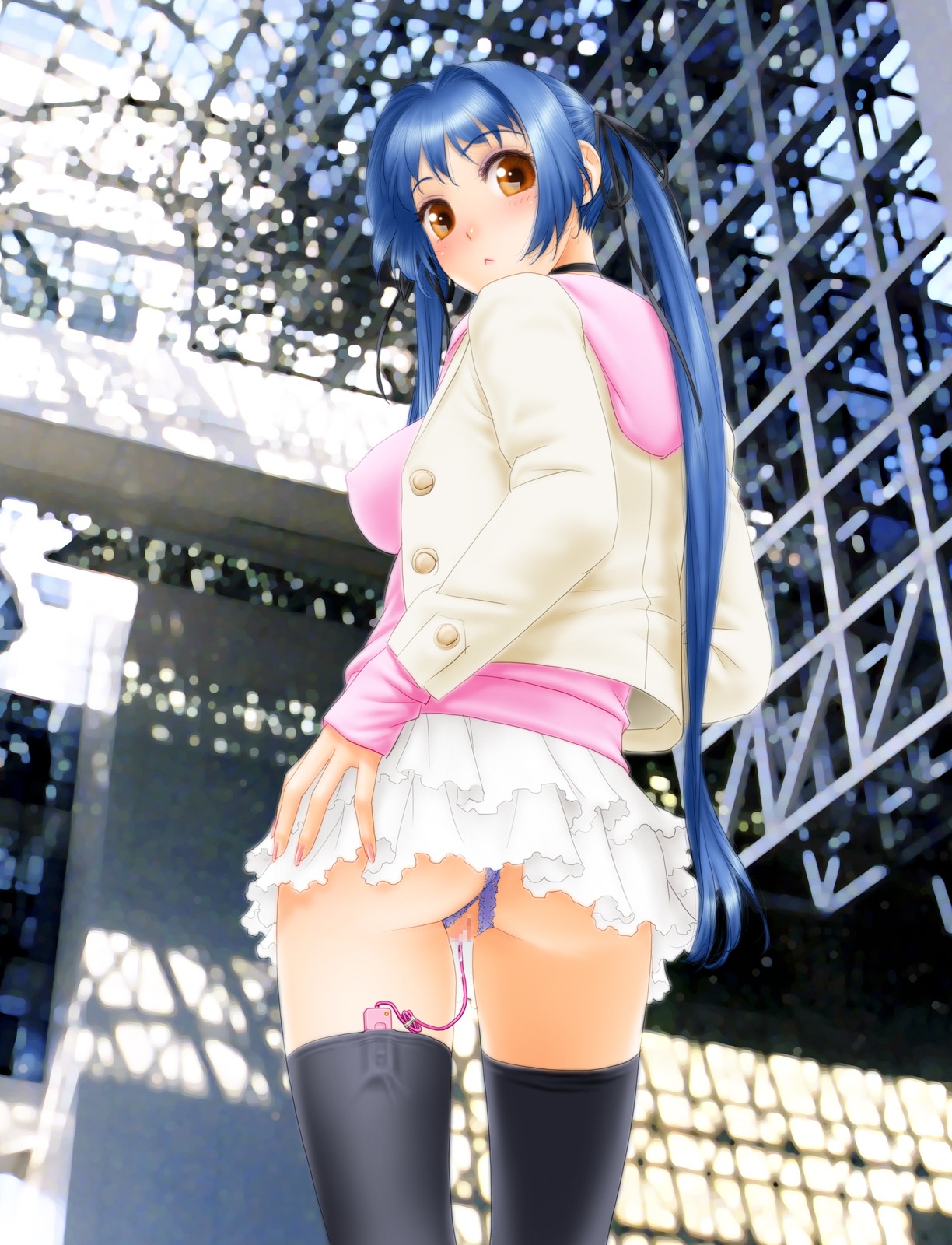 1girls :< ass black_legwear blue_hair blush breasts censored choker crotchless_panties female from_behind hair_ribbon highres hoodie long_hair looking_at_viewer looking_back orange_eyes original panties photo_background ribbon rule34 solo thighhighs tied_hair twintails underwear very_long_hair vibrator yui_toshiki