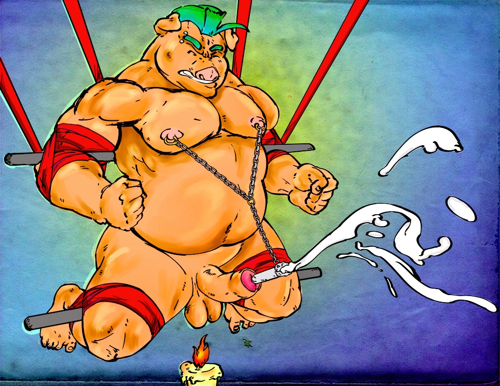anthro arm_spreader balls bdsm belly biceps big_muscles biped bodily_fluids bondage bound candle chain clenched_teeth cum cumshot domestic_pig e621 ejaculation erection eyebrow_piercing facial_piercing foreskin frogtied frogtied_arms genital_fluids genitals green_hair hair hands-free humanoid_genitalia humanoid_penis leg_spreader legs_tied male mammal mohawk musclegut muscular muscular_anthro muscular_male nipple_piercing nipples orgasm ozzan partially_retracted_foreskin pecs penetration penis piercing restraints rope slightly_chubby solo spreader_bar submissive submissive_male suid suine sus_(pig) suspension suspension_bondage teeth thick_penis urethral urethral_penetration