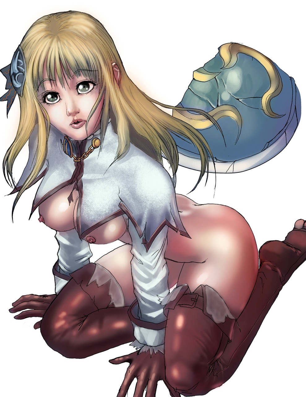 blonde_hair boots bottomless breasts female female_only green_eyes hair_ornament highres human human_only kneeling lips long_hair nipples pyrrha_alexandra raliugaxxx rule34 shield solo soul_calibur soul_calibur_v thigh_boots thighhighs uncensored
