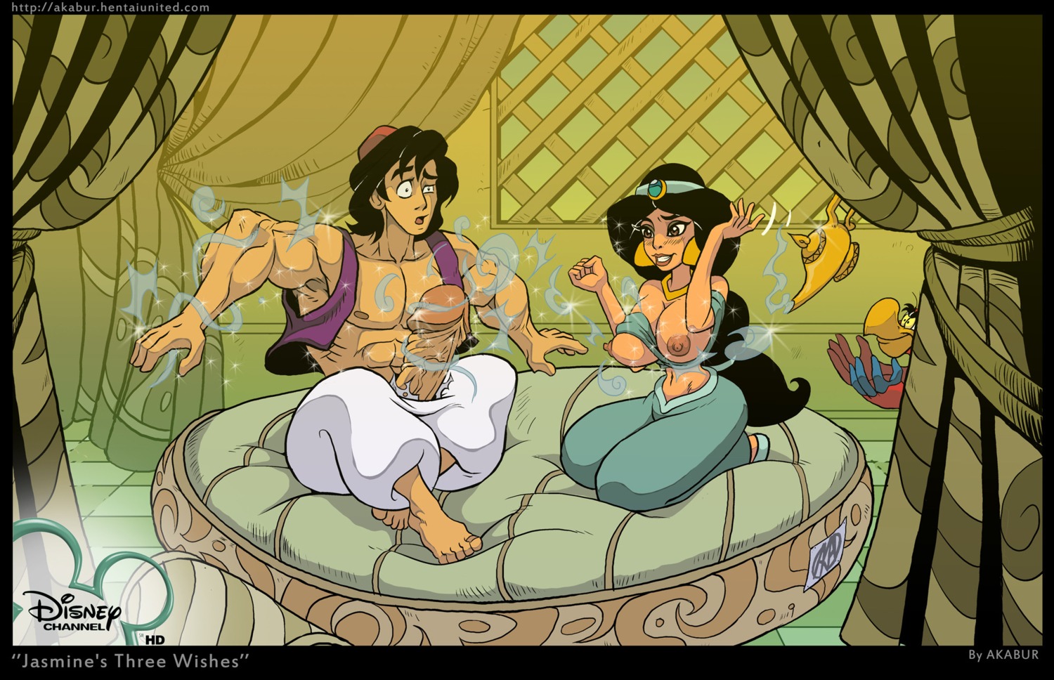 1boy 1girls abs akabur aladdin aladdin_(character) arabian_clothes armpits bed biceps big_breasts big_penis bodybuilder breasts clothed disney disney_prince disney_princess erect_penis female harem_outfit huge_cock human iago magic_lamp male male_nipples muscles nipples pecs penis princess_jasmine rule34 serratus_anterior smile straight