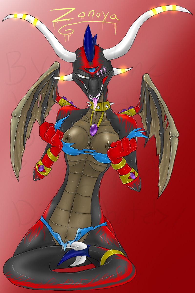 3_eyes breasts clothing dark dragon drool female horns jewelry kneeling multi_eye one_closed_eye pussy rule34 saliva scalie shalonesk solo tongue torn_clothing wings zonoya