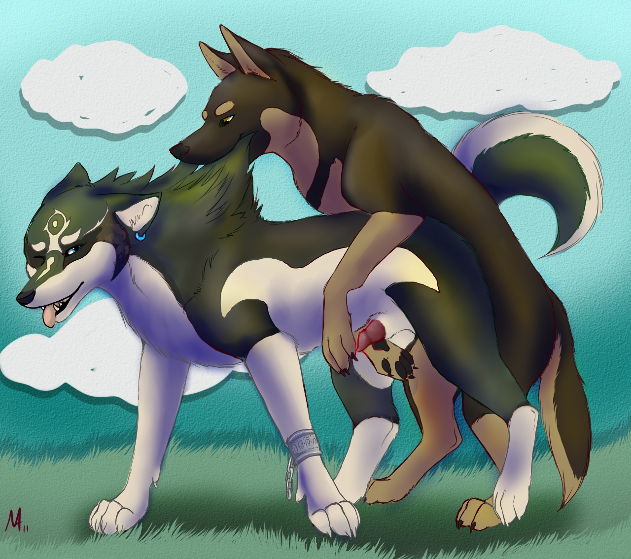 all_fours anal anal_penetration animal_genitalia animal_penis bite blue_eyes canid canine canine_genitalia canine_penis canis claws digitigrade doggystyle domestic_dog duo e621 feral feral_on_feral flaccid from_behind_position genitals german_shepherd herding_dog link_(wolf_form) looking_at_viewer male male/male male_penetrated male_penetrating male_penetrating_male mammal nintendo open_mouth paper-wings pastoral_dog penetration penis quadruped sex sheath stomak tail the_legend_of_zelda tongue tongue_out twilight_princess wolf