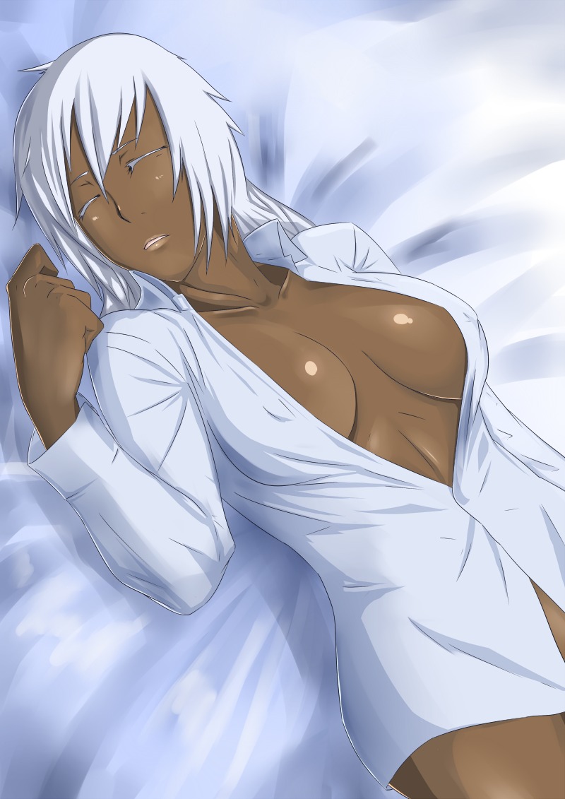 bed breasts dark_skin female large_breasts nipples rule34 sleeping white_hair