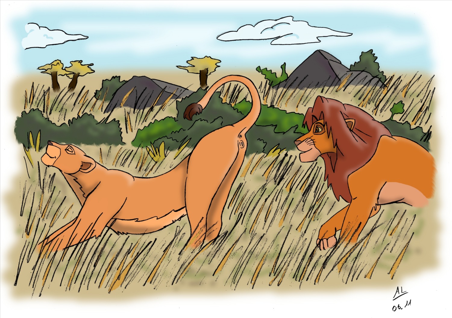 anatomically_correct animal_genitalia ass_up butt canon_couple detailed_background disney duo e621 felid female feral genitals hi_res lion male mammal nala_(the_lion_king) orkathewolf outside pantherine presenting presenting_hindquarters quadruped simba_(the_lion_king) stretching tail the_lion_king vulva