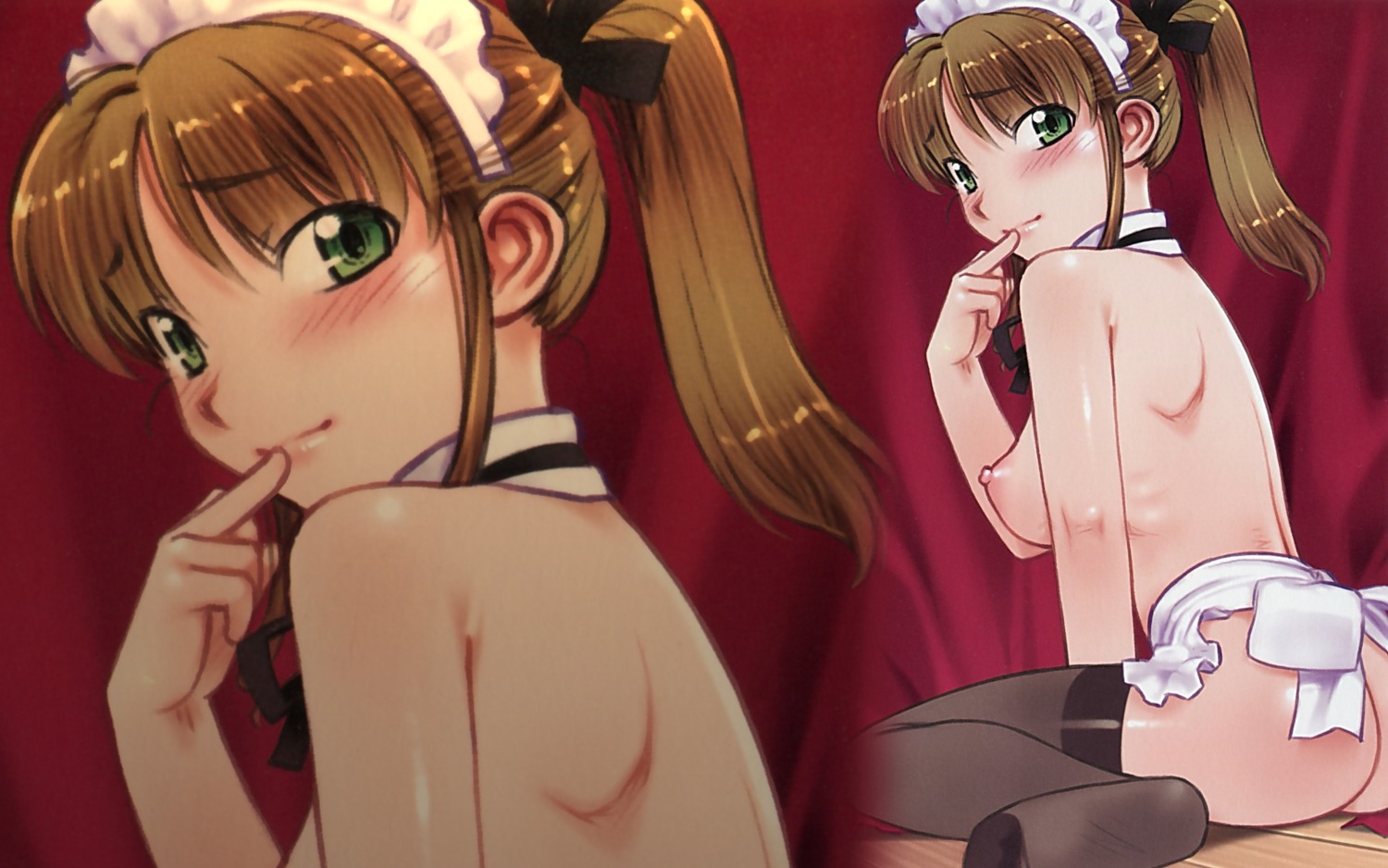 1girls apron ass back blush breasts brown_hair female green_eyes highres kiriyama_taichi large_breasts long_hair looking_back maid maid_in_heaven nagisa_(maid_in_heaven) naked_apron nipples ponytail ribs rule34 sitting smile solo spread_legs thighhighs tied_hair topless twintails wallpaper