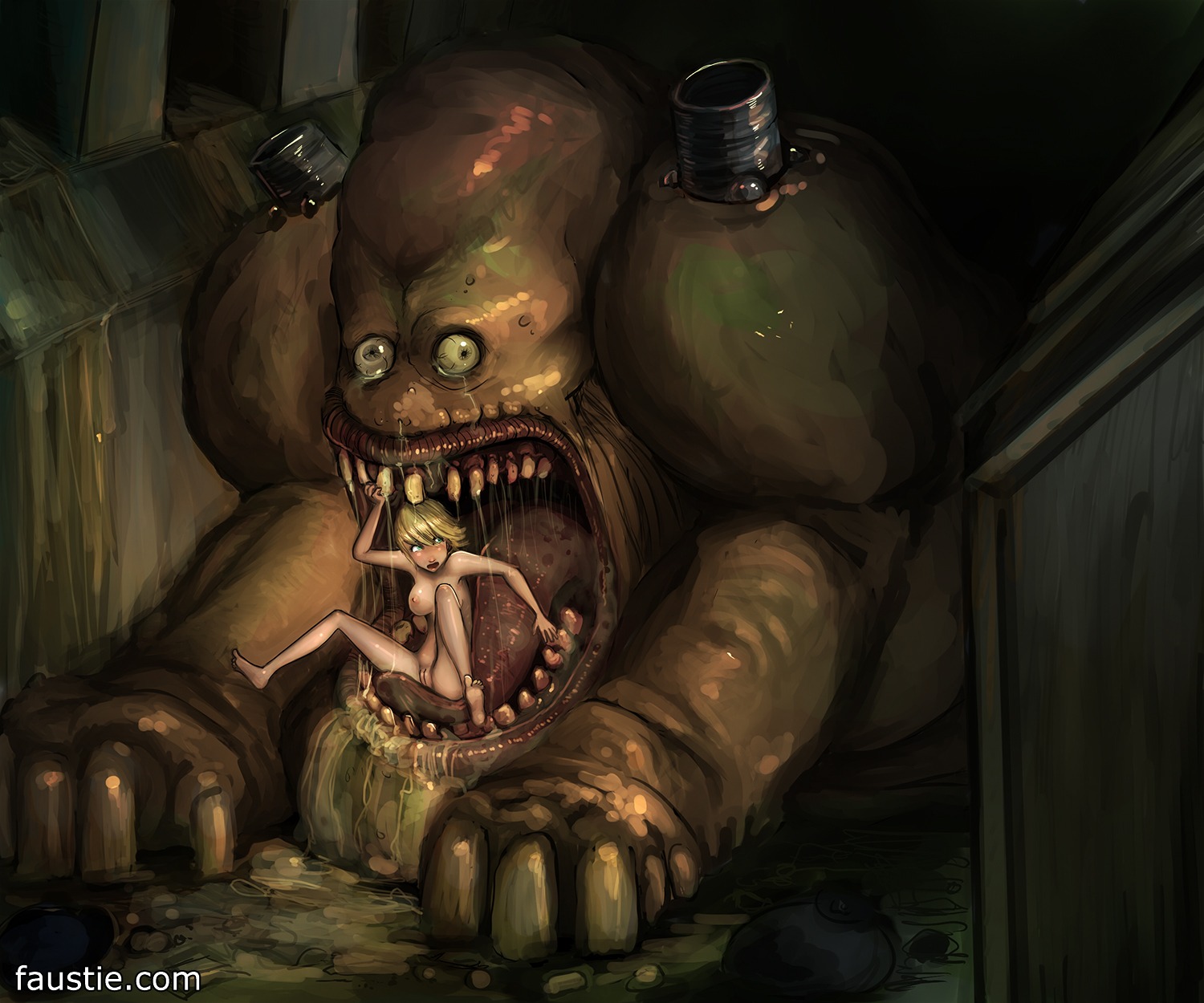 2011 aya_brea blonde_hair breasts burner_(parasite_eve_ii) faustie female highres huge_tongue imminent_vore interspecies monster monster_on_female nightmare_fuel nude parasite_eve parasite_eve_ii rule34 uncensored vore