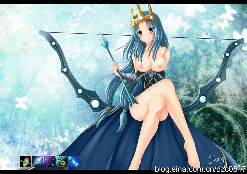1girl 2011 archer ashe_(league_of_legends) big_breasts blue_dress blue_eyes blue_hair blush bow_and_arrow breasts breasts_out butterflies cheng collarbone crossed_legs crown dress female holding_object holding_weapon league_of_legends looking_at_viewer medieval_series nipples partially_clothed queen_ashe rule34 shoulders sina sitting smile solo solo_female topless twintails