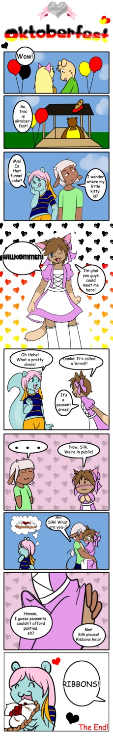 absurd_res anthro blue_eyes blush bovid bovine butt cake cattle clothed clothing comic crossdressing cutesauce dessert dialogue digital_media_(artwork) dirndl domestic_cat e621 english_text erection felid feline felis femboy food genitals group hair hebe_(cutesauce) hi_res holidays horn legwear long_image male male/male mammal mephitid oktoberfest penis ribbons short_hair silk skunk stockings tall_image text wide_hips