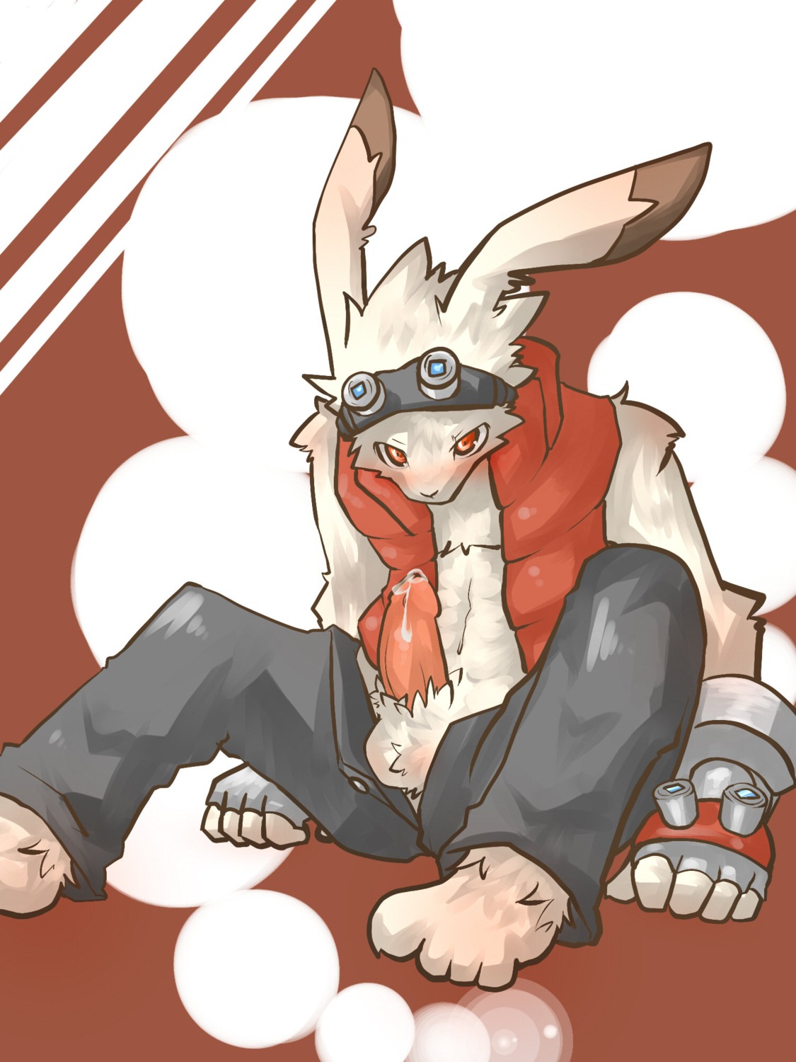 3:4 anthro balls blush bodily_fluids bottomwear clothing e621 erection genital_fluids genitals hi_res king_kazma kosian lagomorph leporid looking_at_viewer male mammal pants penis precum rabbit red_eyes solo summer_wars