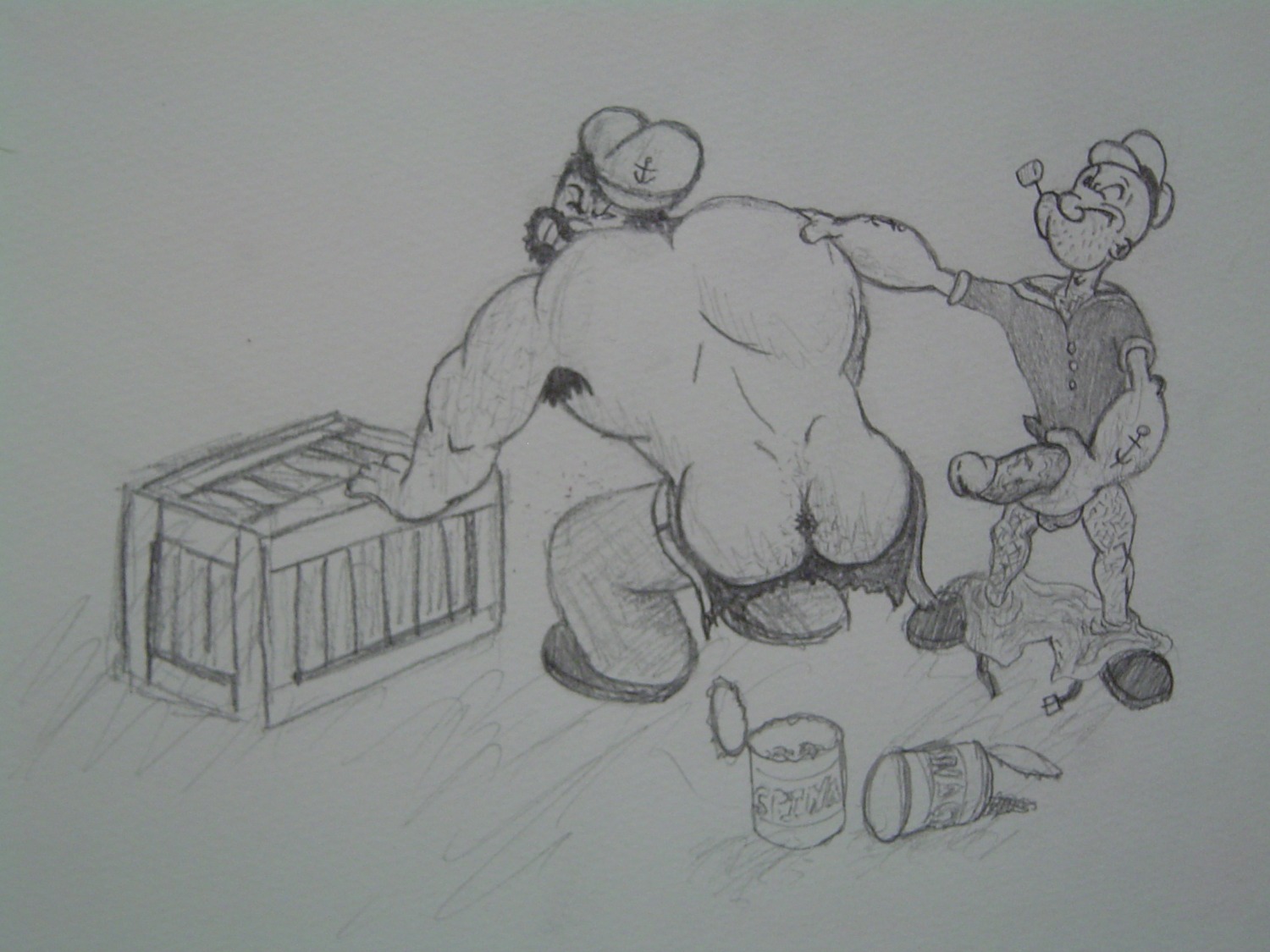 2boys ass beard beard_stubble bluto cap erection food from_behind gay hand_on_shoulder holding_penis huge_cock imminent_anal imminent_penetration imminent_sex looking_back male male_only monochrome over_shoulder pants_around_ankles penis pipe popeye popeye_(series) presenting_anus rule34 shirtless spinach tagme tattoos torn_pants veiny_penis