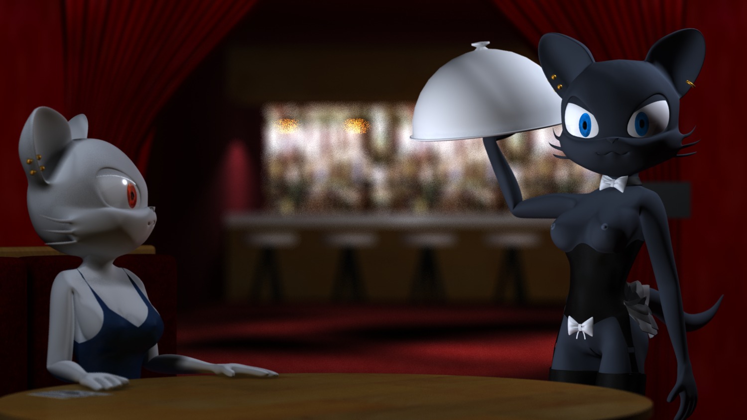 16:9 3d_(artwork) anthro biped black_body black_fur blue_eyes boots breasts clothing corset destiny_(character) destiny_blackmoon digital_media_(artwork) dish domestic_cat duo e621 ear_piercing felid feline felis female female_anthro footwear fur furniture genitals hi_res kittie lingerie mammal nipples nude piercing public shoes sibling_(lore) sister_(lore) sisters_(lore) table tail topwear vulva widescreen
