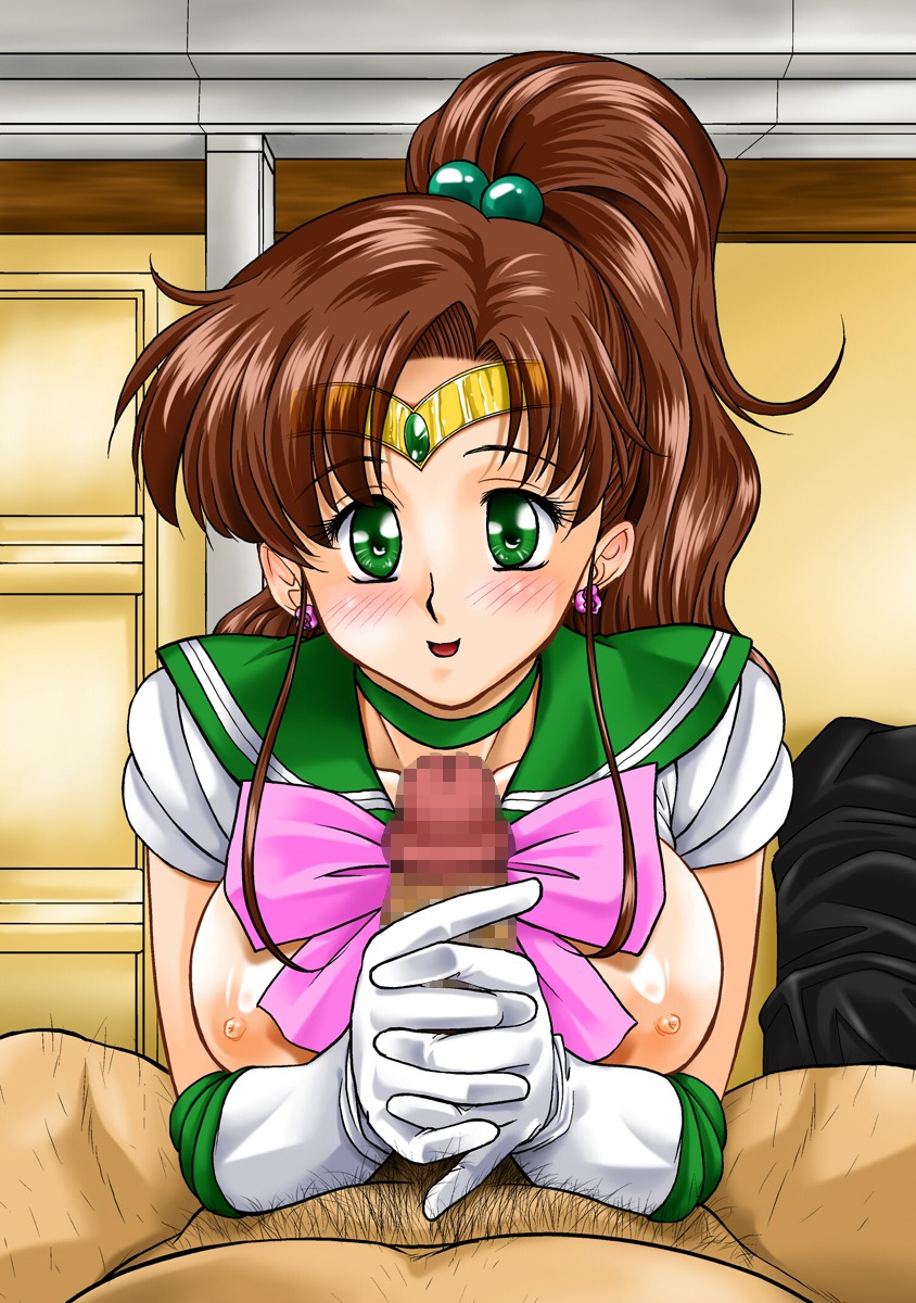 1boy 1girls bishoujo_senshi_sailor_moon blush breasts brown_hair censored choker clothing earrings faceless_male female female_focus gabri-l gloved_handjob gloves green_eyes handjob highres human large_breasts light-skinned_female light-skinned_male light_skin makoto_kino male nipples penis ponytail pubic_hair rule34 sailor_jupiter school_uniform smile straight tiara tied_hair white_gloves