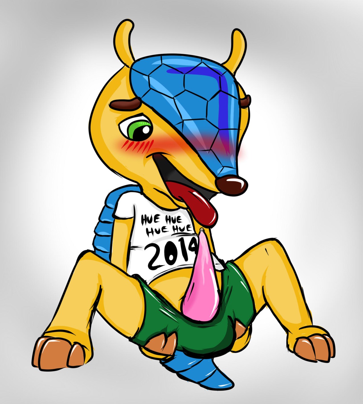 anthro armadillo blush blush_lines bodily_fluids claws cum digital_media_(artwork) e621 emenius erection fifa fuleco fur genital_fluids genitals green_eyes hi_res male mammal mascot open_mouth penile_spines penis precum simple_background soccer solo sport tongue tongue_out xenarthran yellow_body yellow_fur young young_anthro young_male