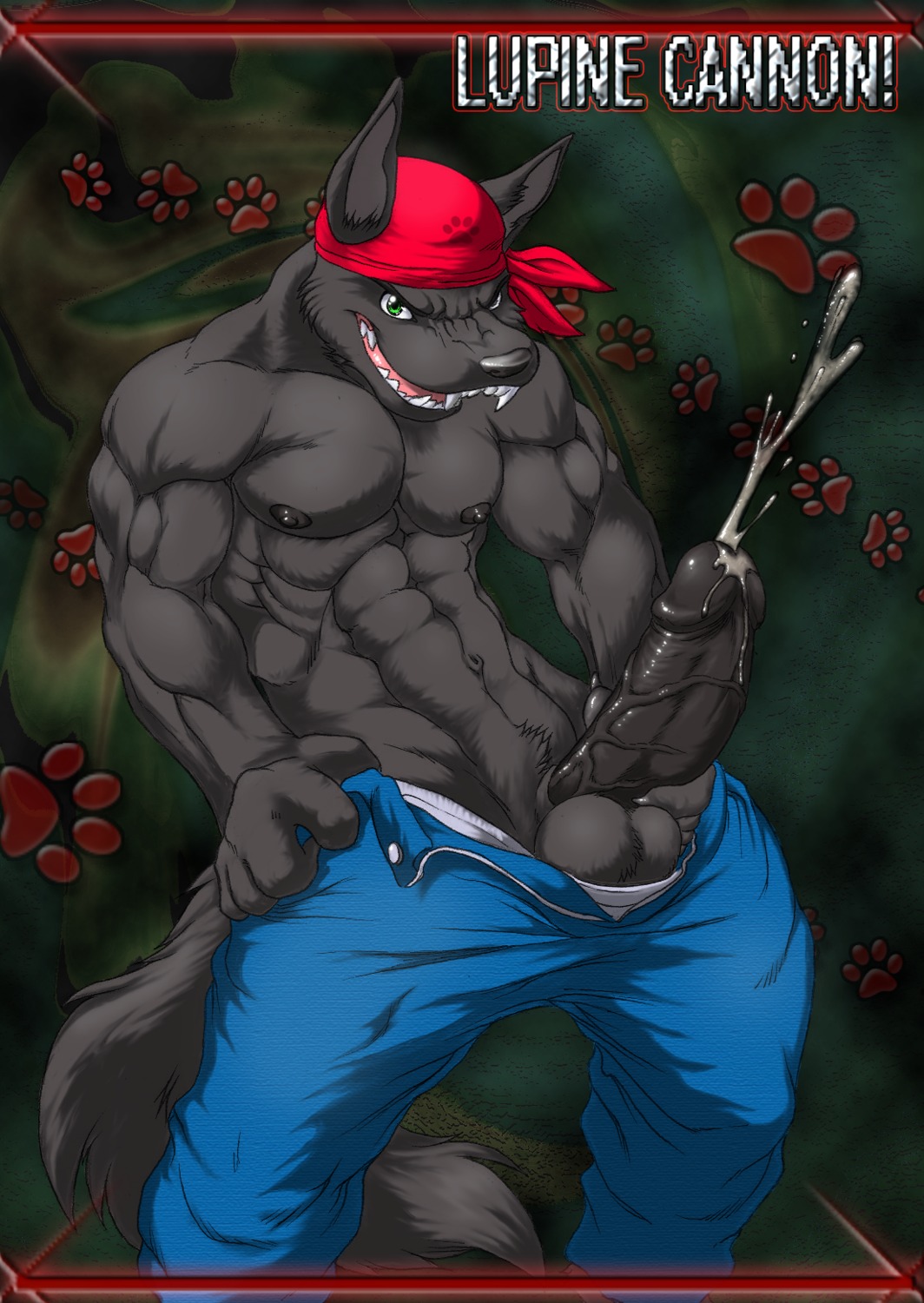 abs abstract_background animal_genitalia anthro balls biceps big_muscles big_penis biped black_body black_fur black_nipples black_nose black_penis bodily_fluids bottomwear bottomwear_down canid canine canis claws clothed clothing cum cum_string cumshot denim denim_bottomwear denim_clothing e621 ejaculation english_text erection fangs footprint fur genital_fluids genitals green_eyes grey_body grey_fur grin headgear headkerchief headwear hi_res huge_muscles humanoid_genitalia humanoid_penis jeans kerchief leaking looking_at_viewer lupine_assassin male mammal masturbation muscular muscular_anthro muscular_male nipples open_mouth orgasm pants pants_down partially_clothed pawprint pecs penile penile_masturbation penis presenting sheath simple_background smile solo standing tail teeth text thick_penis tongue topless underwear undressing utx-shapeshifter vein veiny_penis wolf
