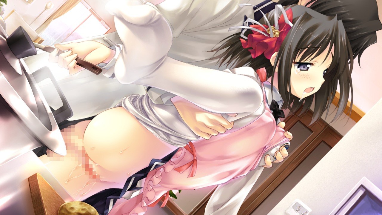 apron black_hair breast_grab breasts censored female game_cg kamishiro_honoka love_2_quad male naruse_hirofumi penis pussy pussy_juice rule34 sex