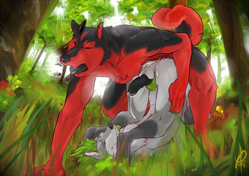 2010 anal anal_penetration anthro auren bodily_fluids canid canine canis cum cum_in_ass cum_inside detailed_background domestic_dog duo e621 erection forest genital_fluids genitals hybrid male male/male male_penetrated male_penetrating male_penetrating_male mammal nature nude outside penetration penis plant precum sex tail tree wood yuki-chi yurii
