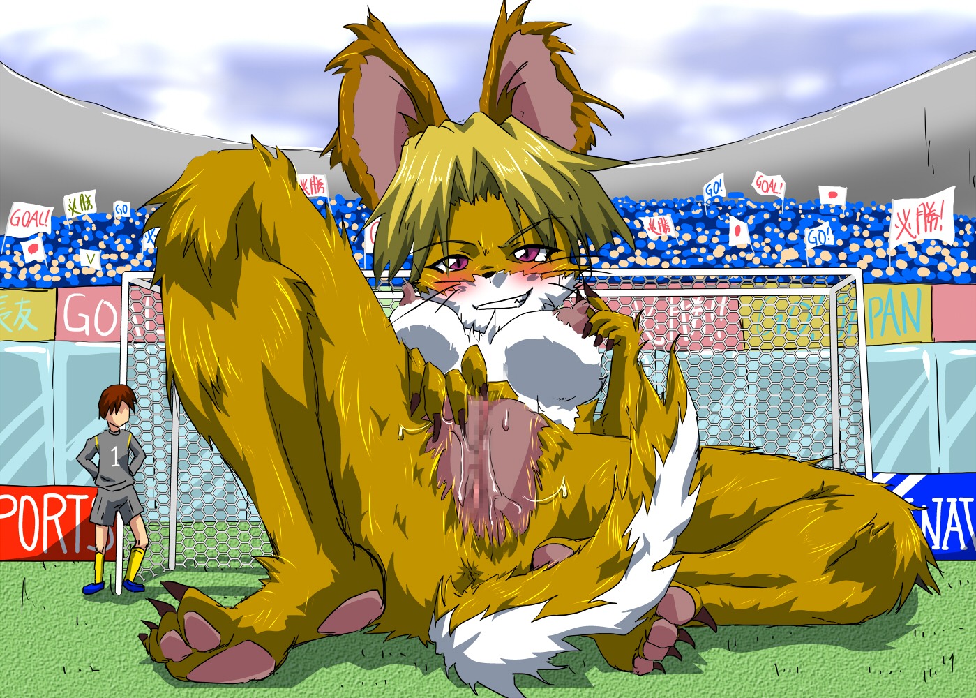 4_toes anthro big_ears blonde_hair blue_clothing blue_footwear blue_shoes blush breasts brown_hair canid canine censored claws clothing digital_media_(artwork) e621 feet female footwear fox fur genitals group hair hindpaw human knee_highs knee_socks kurodou legwear macro male mammal masturbation nipples paws purple_eyes shaded shoes smile soccer socks solo_focus sport stadium toes vaginal vaginal_masturbation vulva whiskers white_body white_fur yellow_body yellow_clothing yellow_fur yellow_legwear