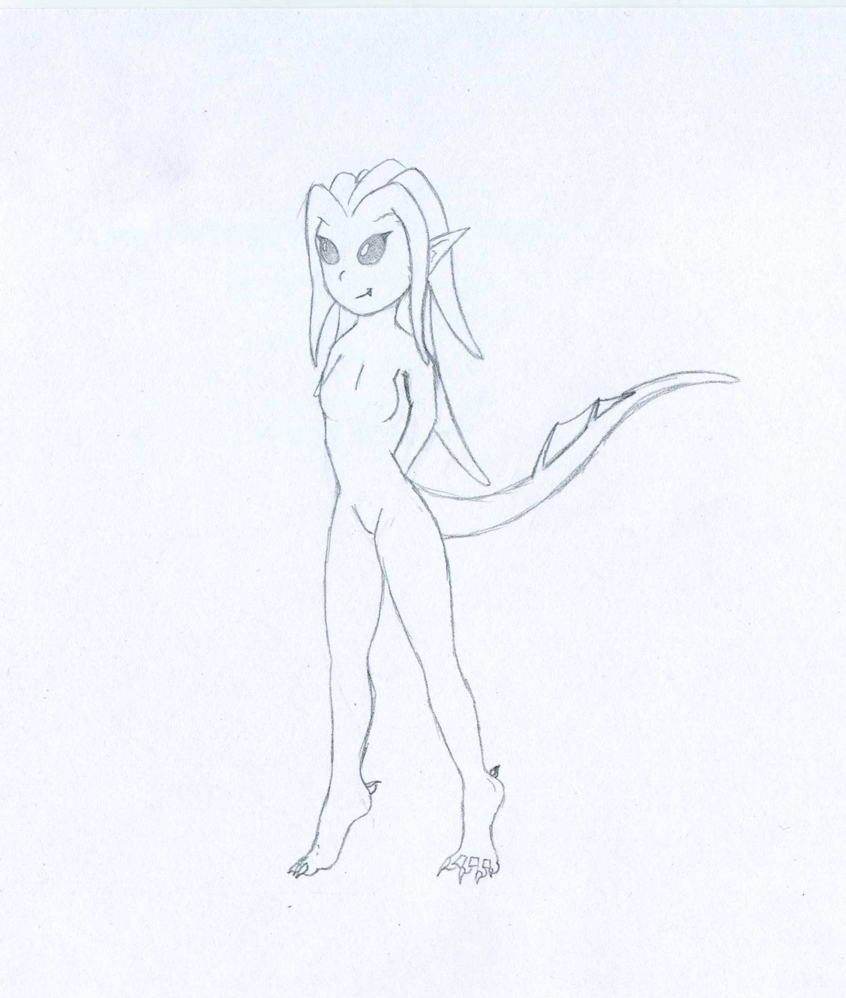 aquatic barefoot biped black_and_white breasts casual_nudity claws e621 featureless_breasts featureless_crotch feet female full-length_portrait hair hands_behind_back hi_res humanoid humanoid_pointy_ears line_art long_hair mondmann monochrome non-mammal_breasts nude pointy_ears portrait pose simple_background small_breasts smile solo standing tail three-quarter_view white_background young
