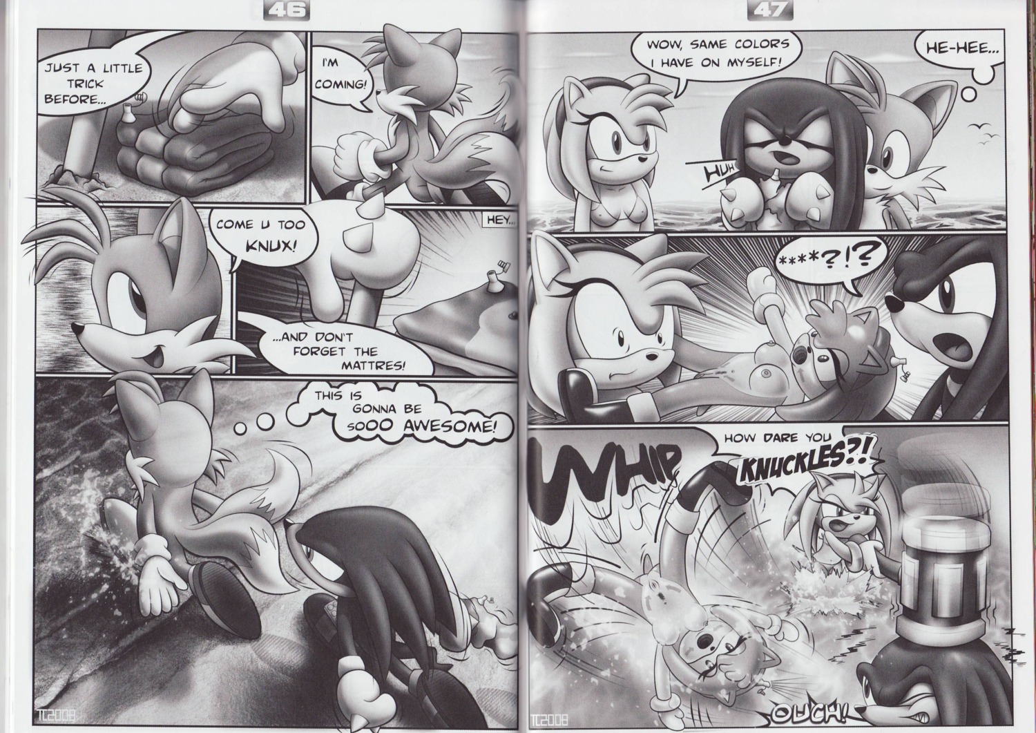 absurd_res amy_rose amy_untold anthro beach bikini black_and_white breasts canid canine clothed clothing comic crooked_tail dialogue e621 english_text eulipotyphlan female fox genitals group hammer hedgehog hi_res knuckles_the_echidna male mammal miles_prower monochrome multi_tail nipples outside prank sand seaside sega sex_doll sex_toy skimpy sonic_the_hedgehog_(series) swimwear tail tc text tight_clothing tools two-piece_swimsuit vulva water