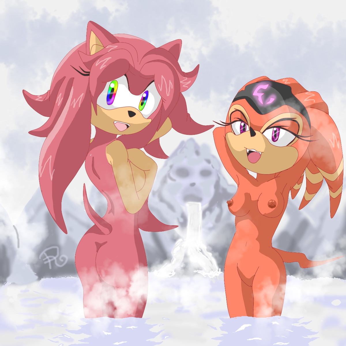 amy_rose anthro ass breasts color echidna female female_only fur furry hedgehog interspecies multiple_females nipples nude orange_fur pink_fur raianonzika rainbow_eyes rule34 sega shade_the_echidna smile sonic_(series) sonic_chronicles:_the_dark_brotherhood sonic_the_hedgehog_(series) standing steam tagme
