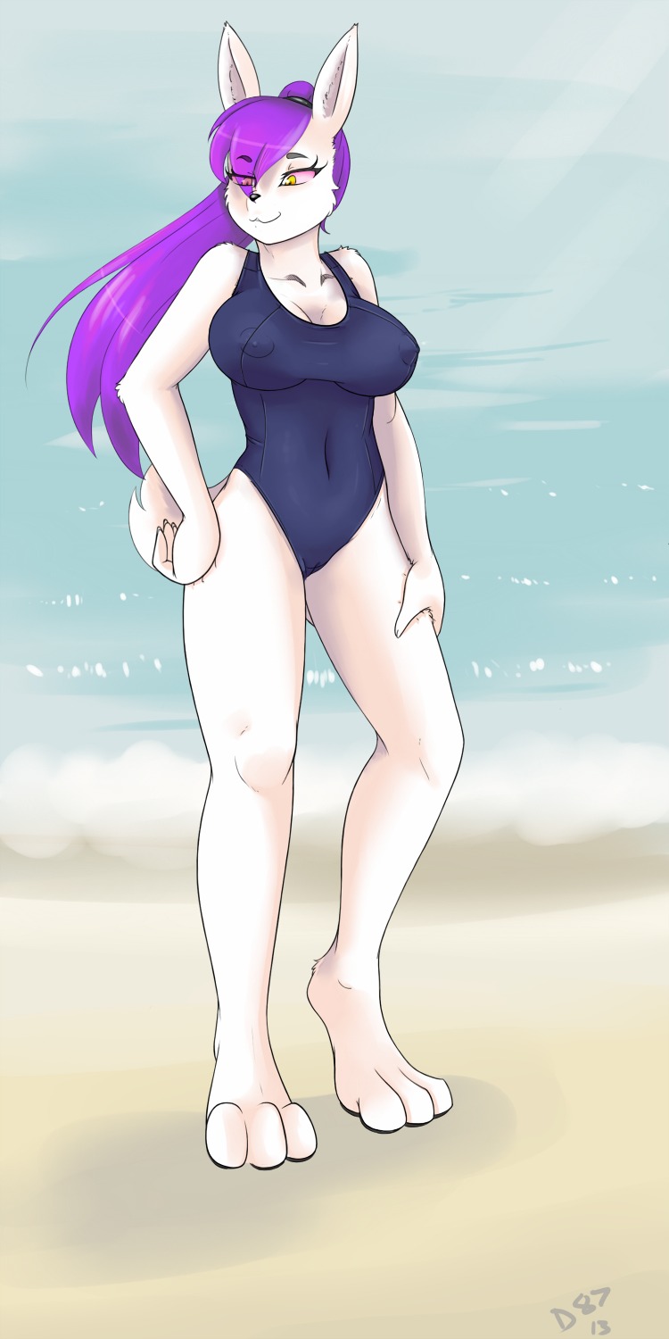 1:2 2013 3_toes anthro areola barefoot beach big_breasts biped black_nose breasts camel_toe cleavage clothed clothing detailed_background devo87 e621 feet female fur hair hi_res hindpaw lagomorph leporid long_hair mammal nails navel nipples outside paws purple_hair rabbit sand seaside sky solo standing swimwear toes water white_body white_fur yellow_eyes