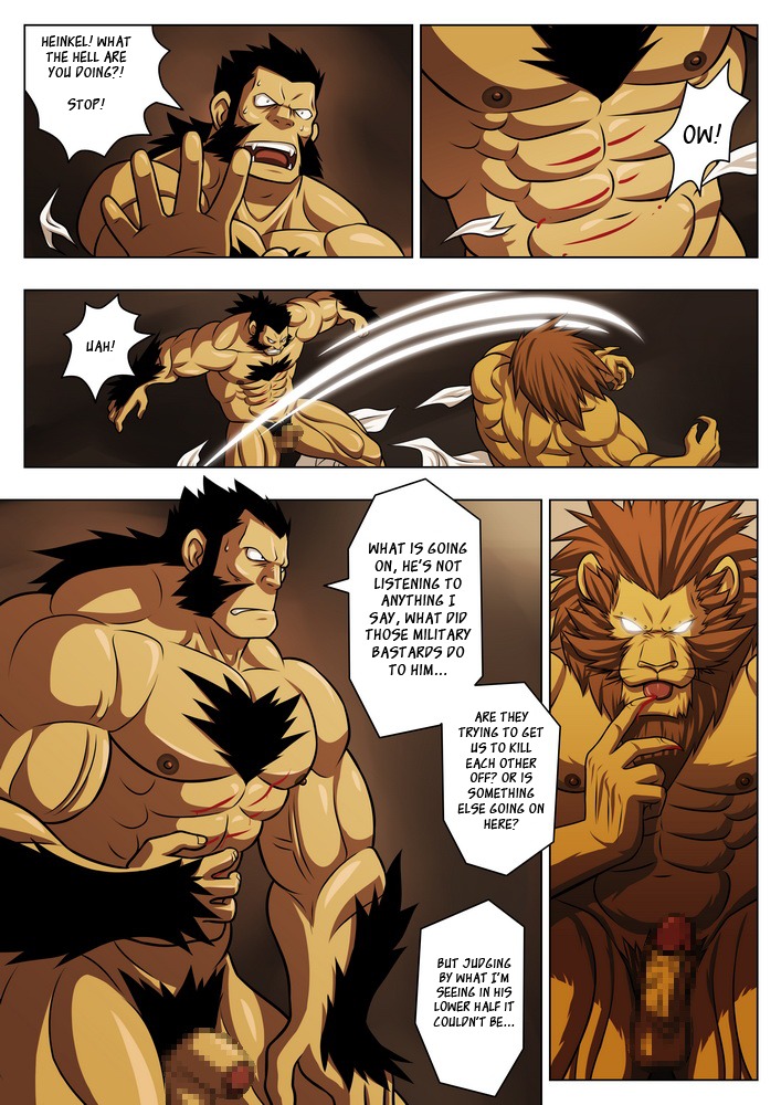 abs ape balls barazoku blood bodily_fluids censored chimera comic darius_(fullmetal_alchemist) dialogue duo e621 english_text erection felid flaccid foreskin fullmetal_alchemist genitals gorilla hairy haplorhine heinkel_(fullmetal_alchemist) human humanoid_genitalia humanoid_penis hybrid lion male male/male mammal multiple_scenes muscular pantherine partially_retracted_foreskin pecs penis primate profanity text translated zelo_lee