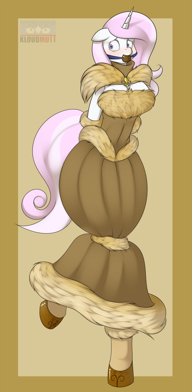 2012 anthro anthrofied ball_gag bdsm biped blush bondage boots bound brown_theme clothing digital_media_(artwork) dress e621 equid equine female fleur-de-lis fleur_de_lis_(mlp) footwear friendship_is_magic fur fur_trim_(clothing) gag gagged hair hasbro hi_res horn kloudmutt mammal multicolored_hair my_little_pony mythological_creature mythological_equine mythology purple_eyes shoes simple_background solo standing submissive submissive_female tail unicorn