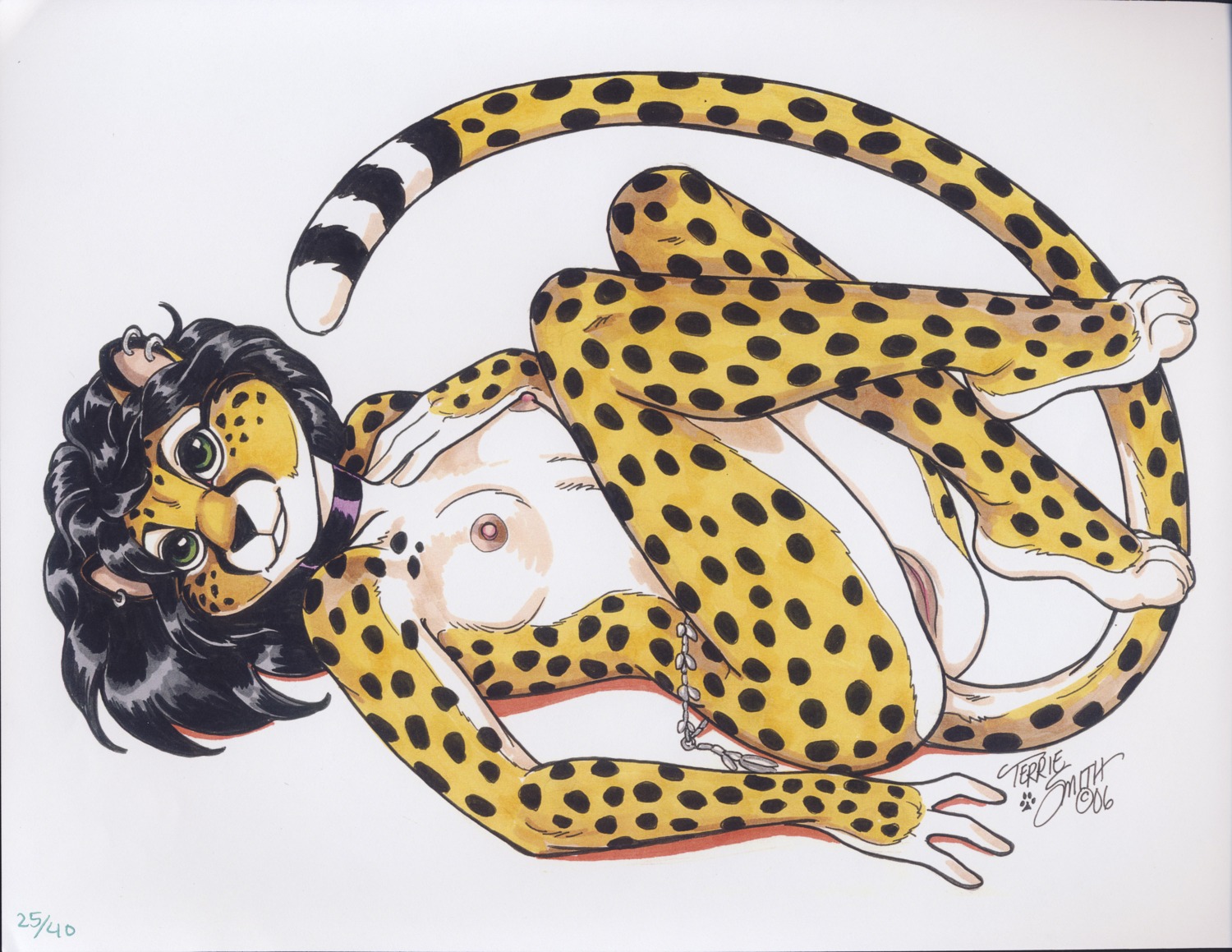 2006 4_toes absurd_res anthro biped black_hair breasts cheetah claws e621 feet felid feline female genitals green_eyes hair hi_res legs_up looking_at_viewer lying mammal nipples nude on_back pinup plantigrade pose signature simple_background solo spots tail terrie_smith toes traditional_media_(artwork) vulva white_background