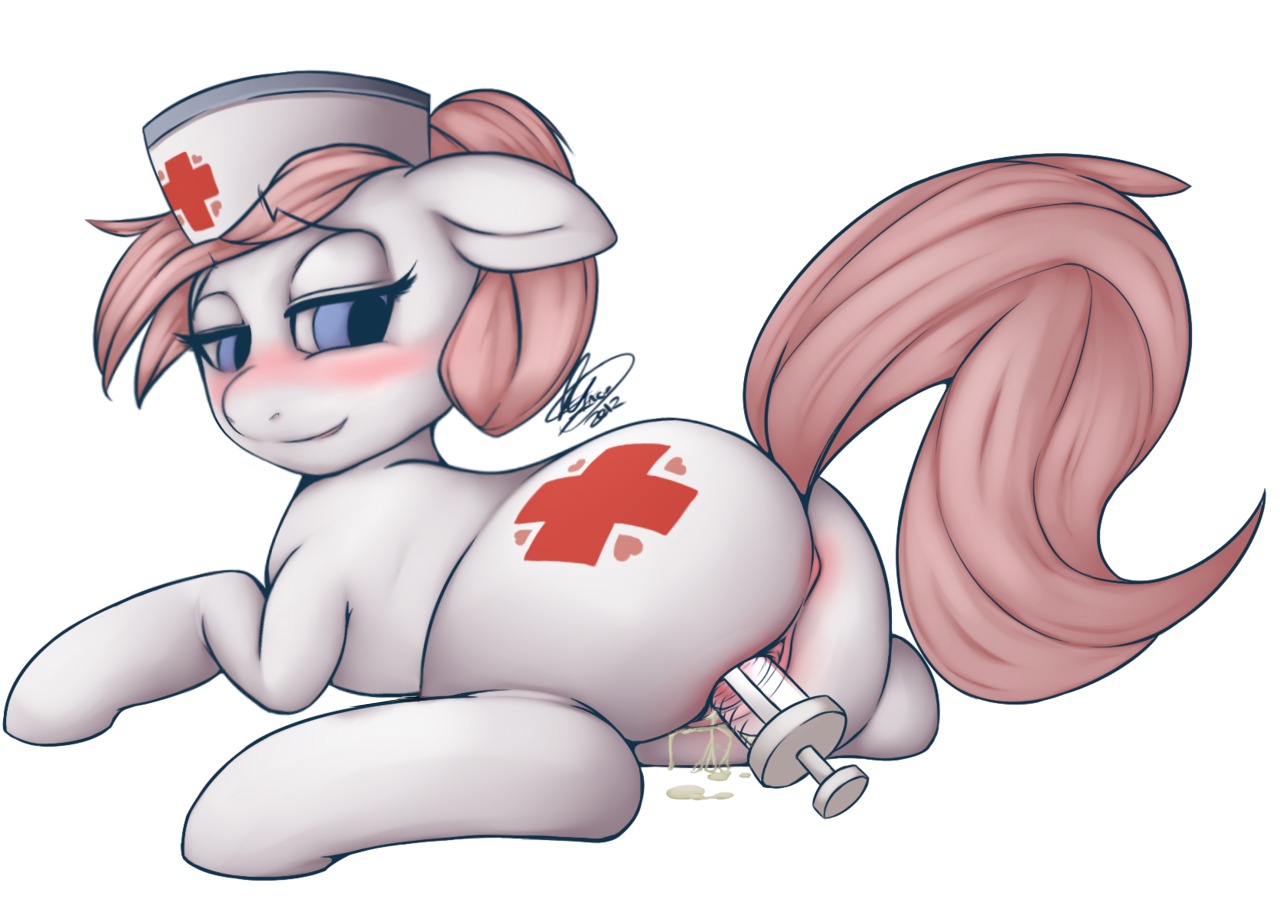 2012 anus blue_eyes blush bodily_fluids butt clothing cum cum_string cutie_mark e621 earth_pony equid equine female feral florecentmoo friendship_is_magic fur genital_fluids genitals graded_dildo hair half-closed_eyes hasbro hat hat_only headgear headgear_only headwear headwear_only horse improvised_sex_toy lying mammal mostly_nude my_little_pony narrowed_eyes nurse_clothing nurse_hat nurse_headwear nurse_redheart_(mlp) penetration pink_hair pony quadruped raised_tail signature simple_background solo syringe tail vaginal vaginal_penetration vulva white_background white_body white_fur