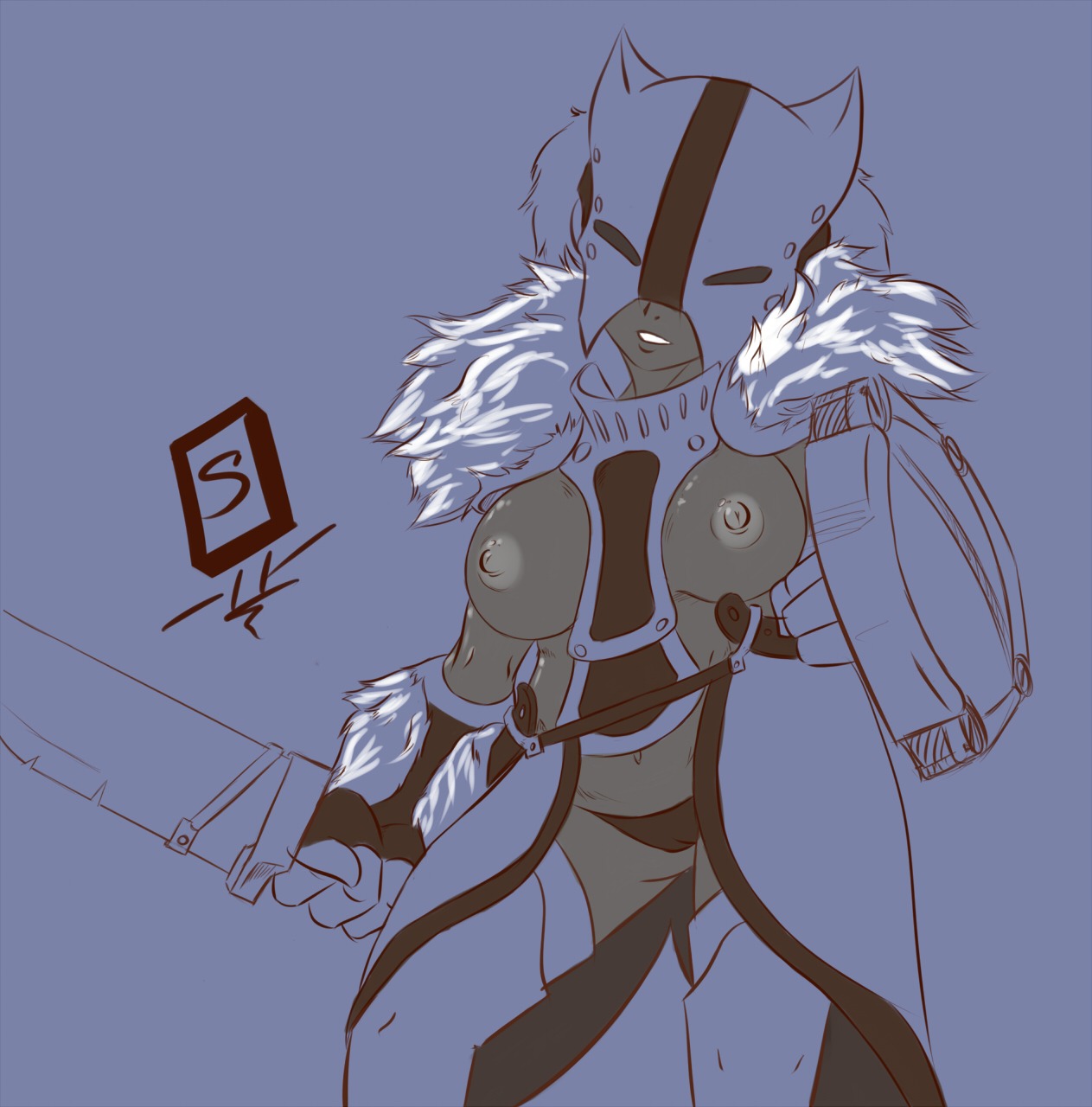 armor breasts e621 female grey_havens hi_res looking_at_viewer nipples not_furry shield solo spiral_knight_(species) spiral_knights three_rings unconvincing_armor unknown_artist weapon