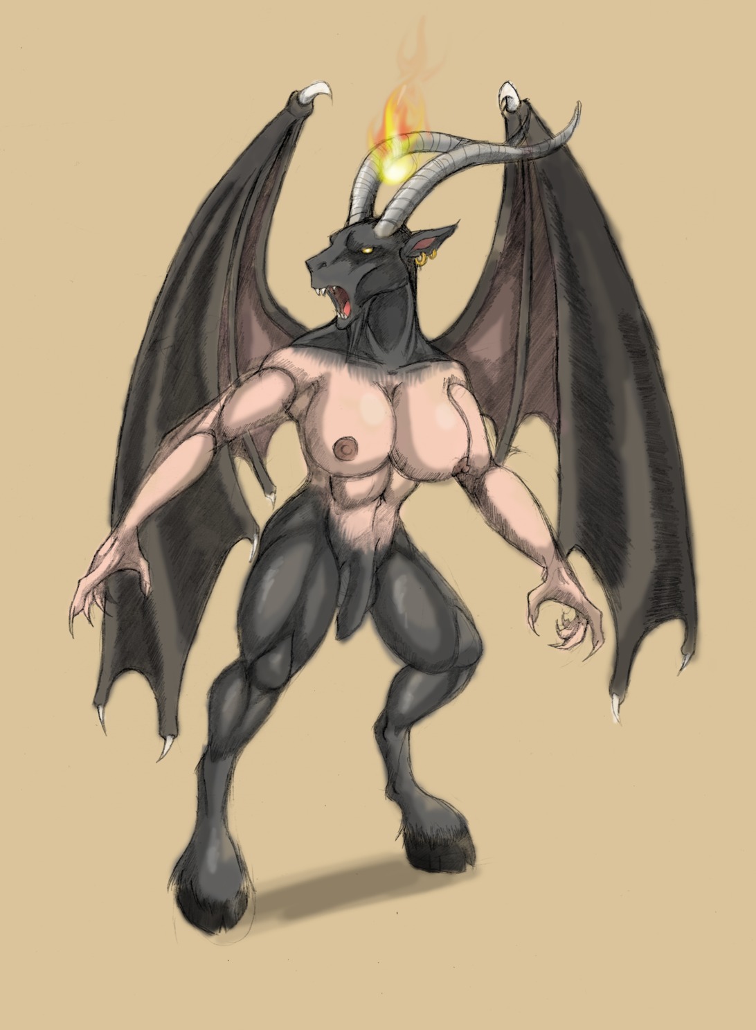 angry balls baphomet_(deity) big_breasts black_penis bovid bovid_horn breasts caprine caprine_demon caprine_horn deity demon e621 ear_piercing fire flaccid genitals goat goat_demon gynomorph half-erect hi_res hooves horn intersex long_nails lordstevie magic mammal membrane_(anatomy) membranous_wings muscular muscular_gynomorph muscular_intersex navel nipples nude open_mouth penis piercing ram_horn simple_background solo standing wings yellow_background yellow_eyes