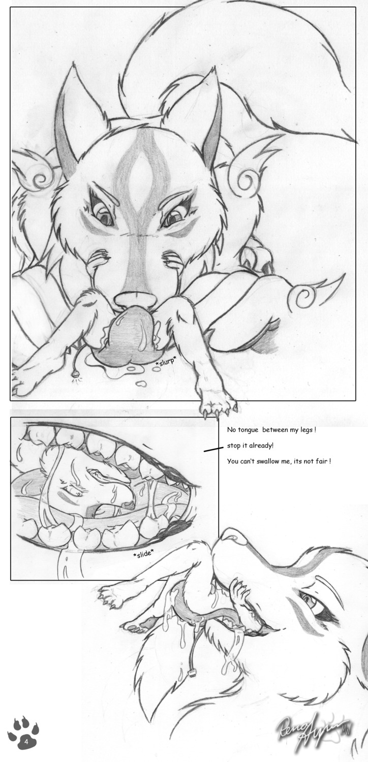 absurd_res amaterasu_(okami) anthro anthrofied bodily_fluids canid canine canis capcom clover_studio comic deity duo e621 english_text female hi_res larger_female licking male mammal micro monochrome nude okami_(capcom) rena_ayama saliva size_difference smaller_male teeth text tongue tongue_out vore wolf