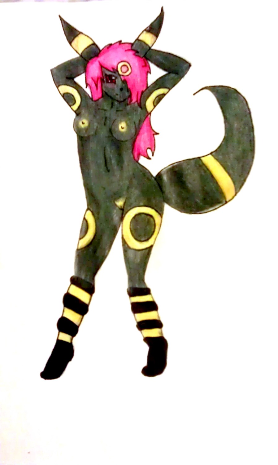 absurd_res anthro anthrofied breasts circle_(marking) clothing e621 eeveelution female generation_2_pokemon genitals hair hands_behind_head hi_res legwear looking_at_viewer nintendo nipples nude pink_hair pokemon pokemon_(species) pokemorph pose red_eyes solo stockings tail umbreon unknown_artist vulva