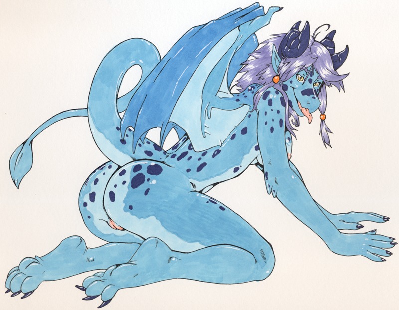 5_fingers all_fours anthro blue_body breasts claws countershading dragon e621 female fingers genitals hair horn hotpie looking_at_viewer membrane_(anatomy) membranous_wings mythological_creature mythological_scalie mythology nipples non-mammal_breasts non-mammal_nipples nude pinup pose purple_hair raised_tail scalie simple_background solo spots tail toe_claws tongue tongue_out vulva white_background wings yellow_eyes