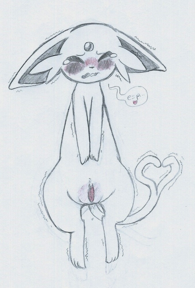 blush bodily_fluids cm e621 eeveelution espeon female feral generation_2_pokemon genital_fluids genitals heart_symbol monochrome nintendo pokemon pokemon_(species) solo spread_legs spreading vaginal_fluids vulva