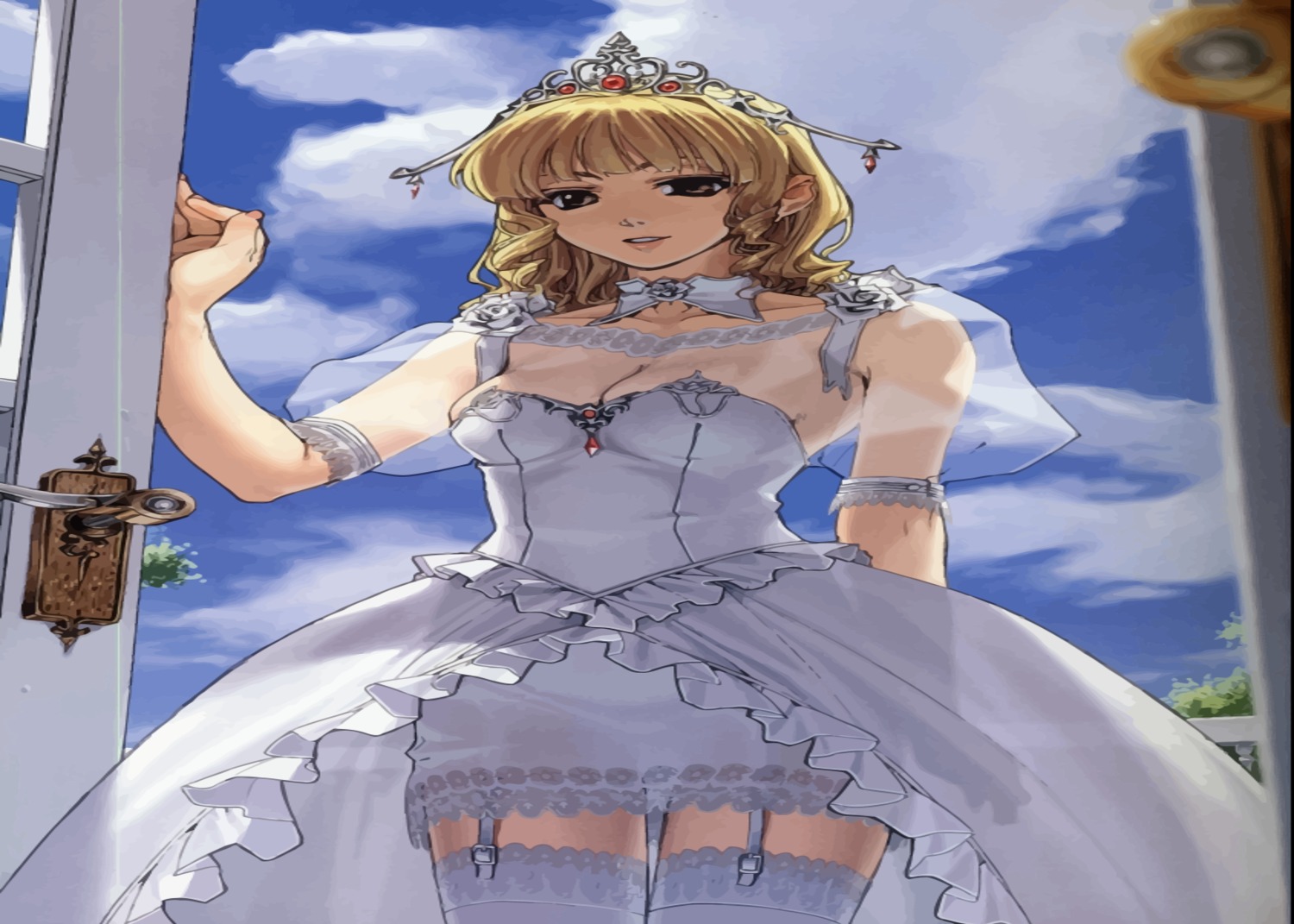 blonde_hair comparison crown female garters hidari_(left_side) lingerie no_panties pubic_hair pussy rule34 source_request thighhighs