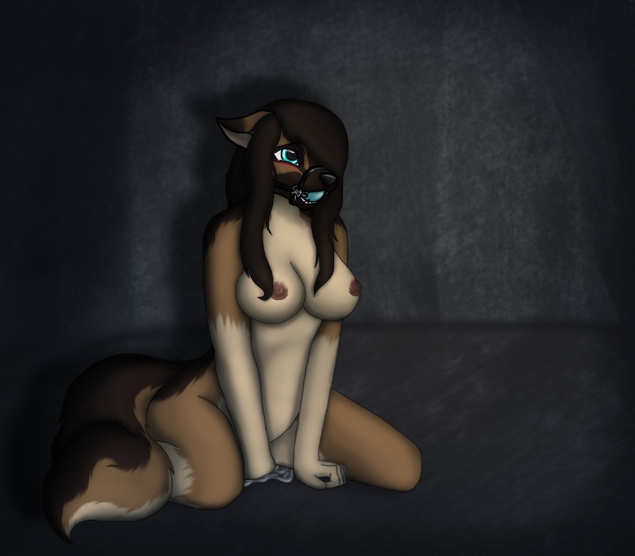 anthro ball_gag blue_ball_gag breasts canid canine canis domestic_dog e621 female gag gagged german_shepherd herding_dog mammal merevin merevin_baxton muzzle_(object) muzzled nipples nude pastoral_dog solo unavailable_at_source