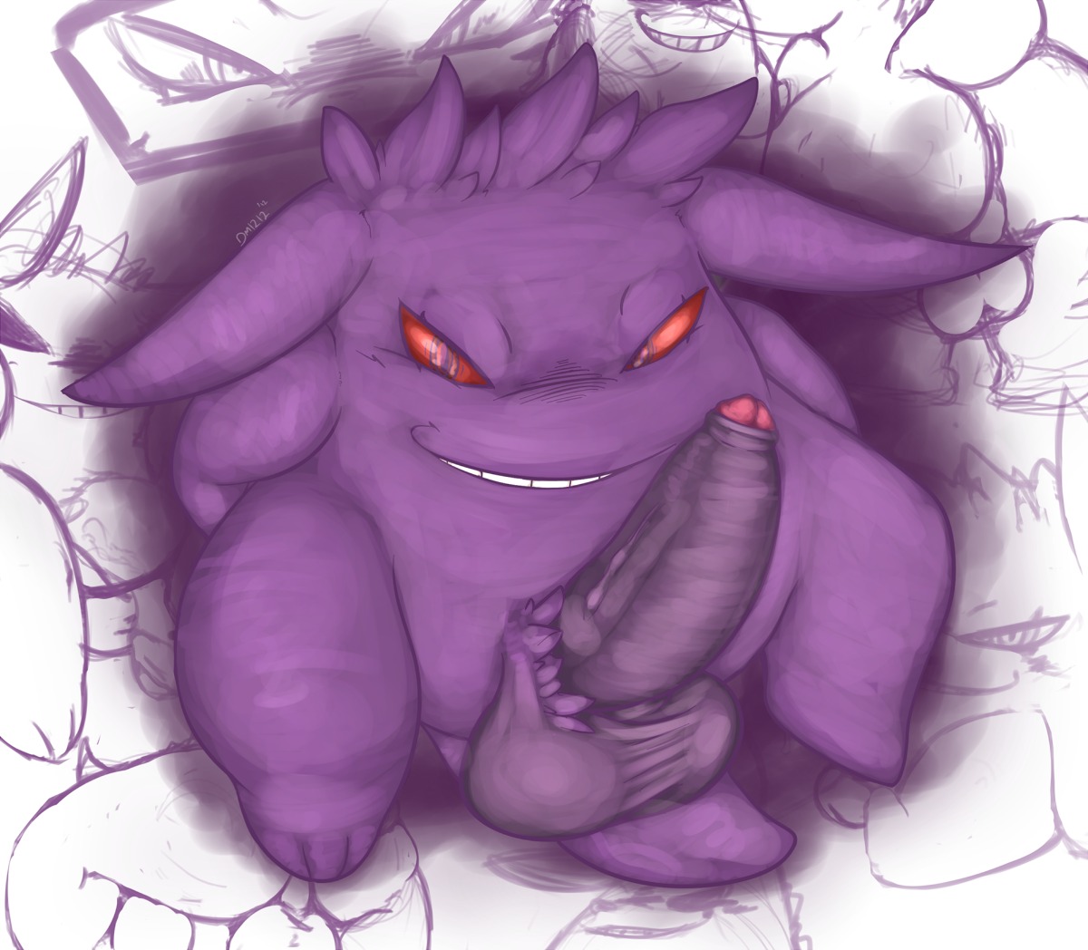 3_toes anus backsack balls big_balls big_penis butt e621 erection feet flaccid foreskin generation_1_pokemon gengar genitals happy humanoid_genitalia humanoid_penis hyper iliekbuttz long_ears male nintendo penis pokemon pokemon_(species) presenting red_eyes smile smirk solo toes