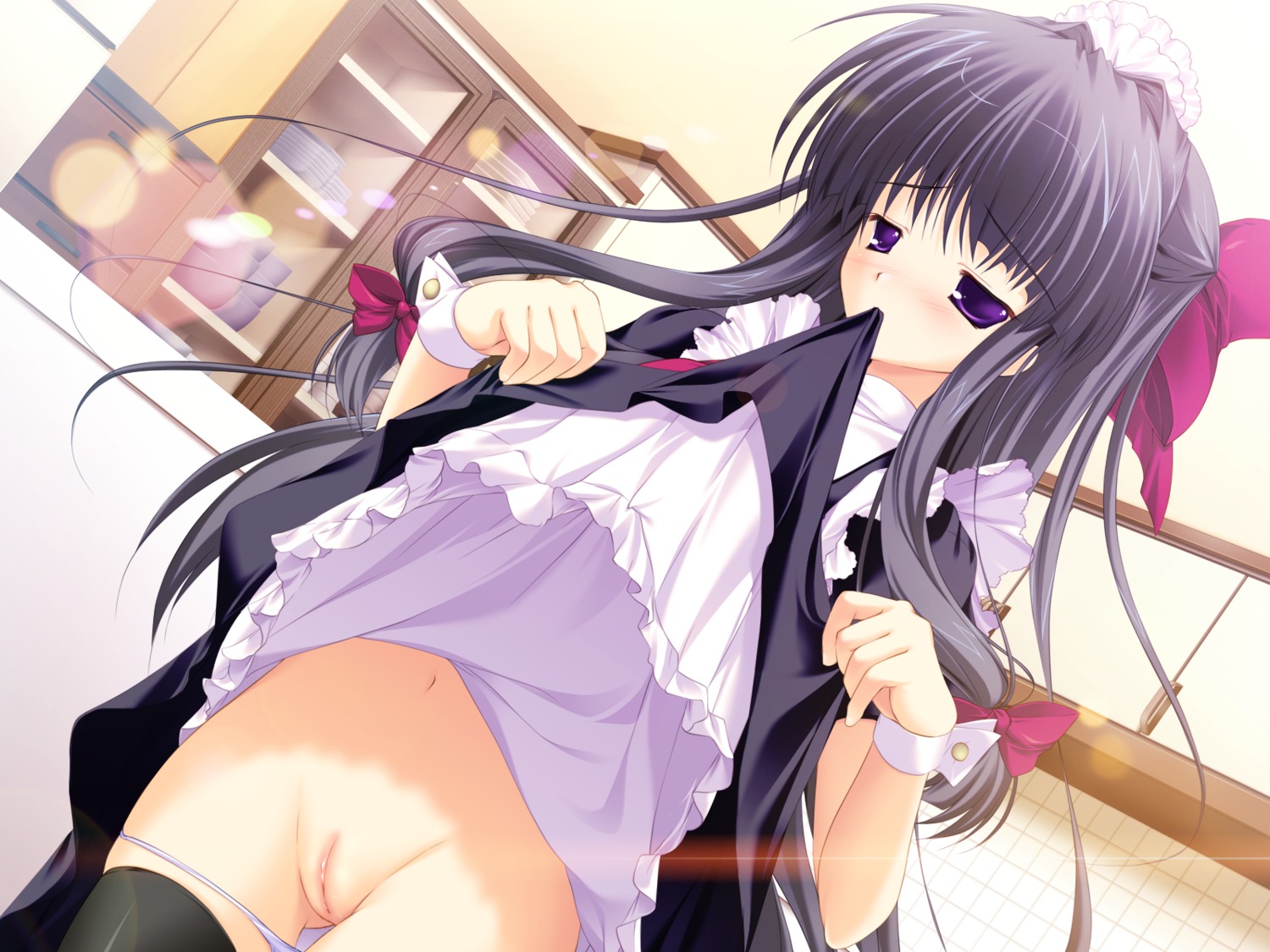 blush dutch_angle female game_cg highres long_hair lyrical_ds maid mikeou miraroma mouth_hold navel panties panty_pull purple_eyes pussy rule34 skirt skirt_lift thighhighs tsukimiya_kaede uncensored underwear wrist_cuffs