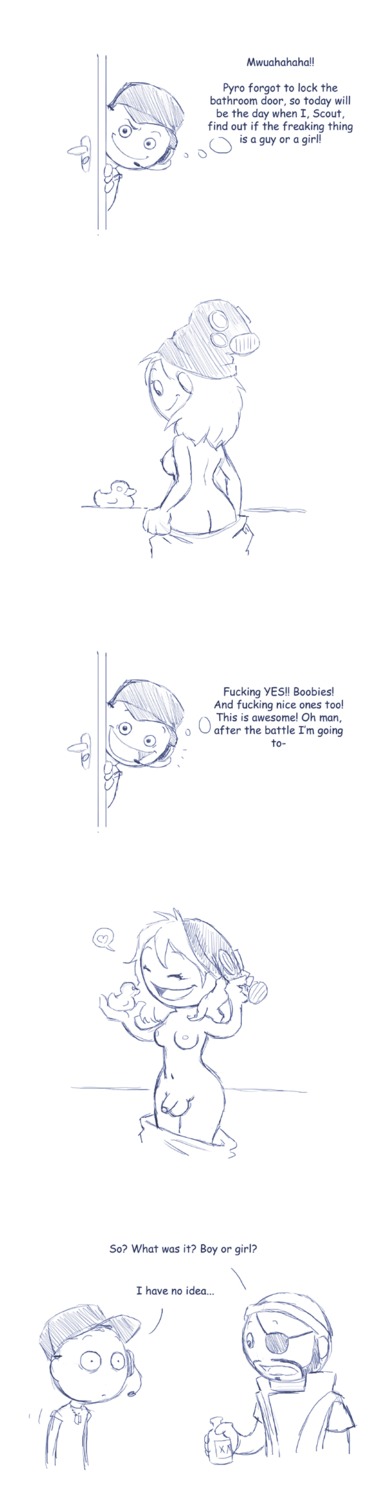 comic demoman_(team_fortress_2) futanari human humon humor intersex monochrome pyro_(team_fortress_2) rule34 scout_(team_fortress_2) team_fortress_2