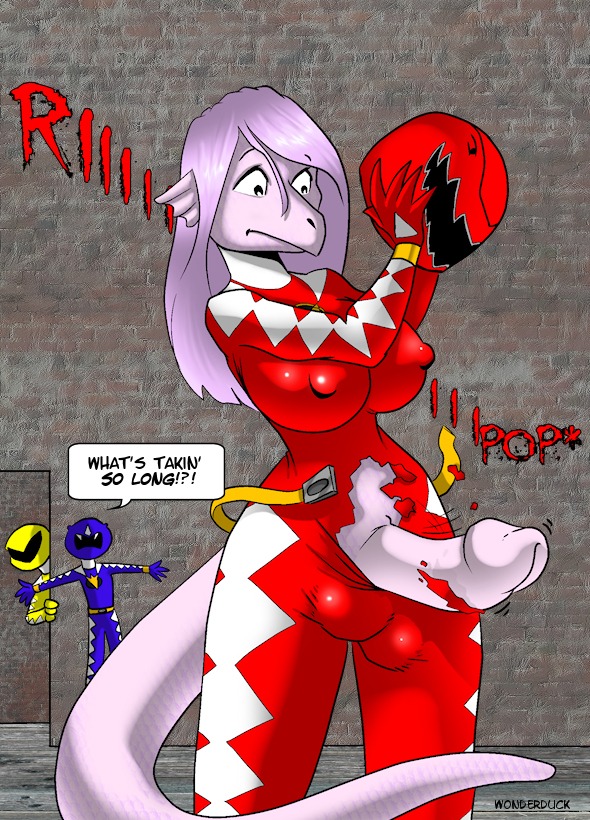 2010 anthro balls beatrix_(seisuke) breasts bulge clothing dragon e621 english_text erection genitals group gynomorph hair humor intersex long_hair mythological_creature mythological_scalie mythology non-mammal_breasts penis power_rangers rip scalie solo_focus tail text wardrobe_malfunction wonderduck